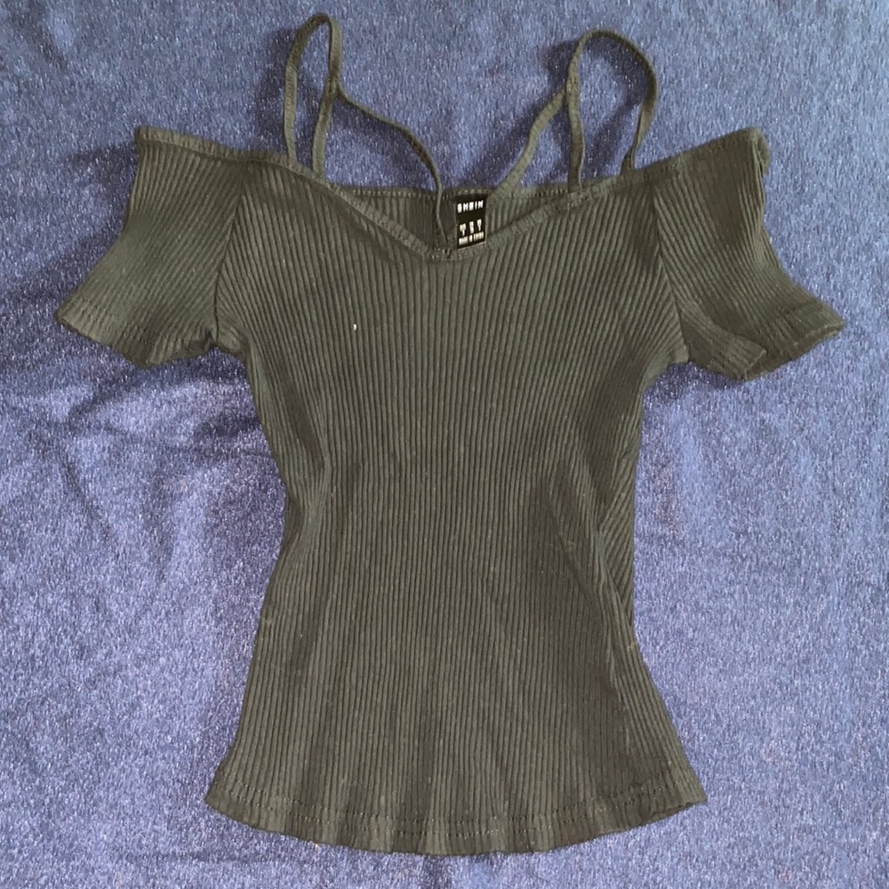 Black off the shoulder long crop top with detailed spaghetti strap accent